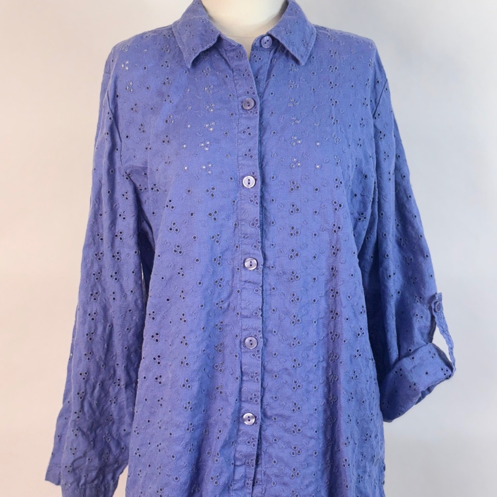 Women's Blue Button-Up Eyelet Top